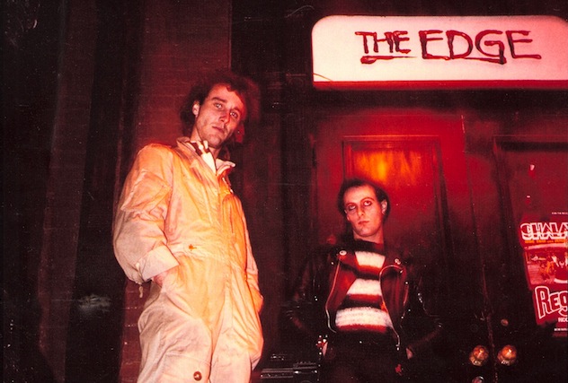 Wayne Brown of The Fits (right) and an Edge staff member stand outside the club in a “punk fashion” magazine spread. Photo courtesy of Gary Topp.